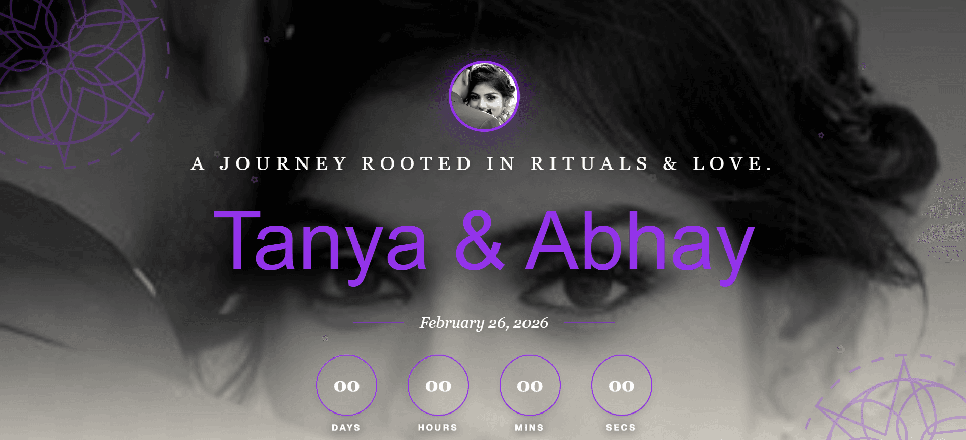 A MyWedWeb wedding website on a laptop, showing the couple's names and a countdown